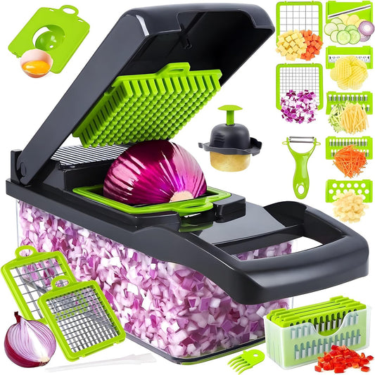 16-in-1 Vegetable Chopper & Slicer with Container – Multi-Functional Cutter & Spiralizer for Fruits & Veggies